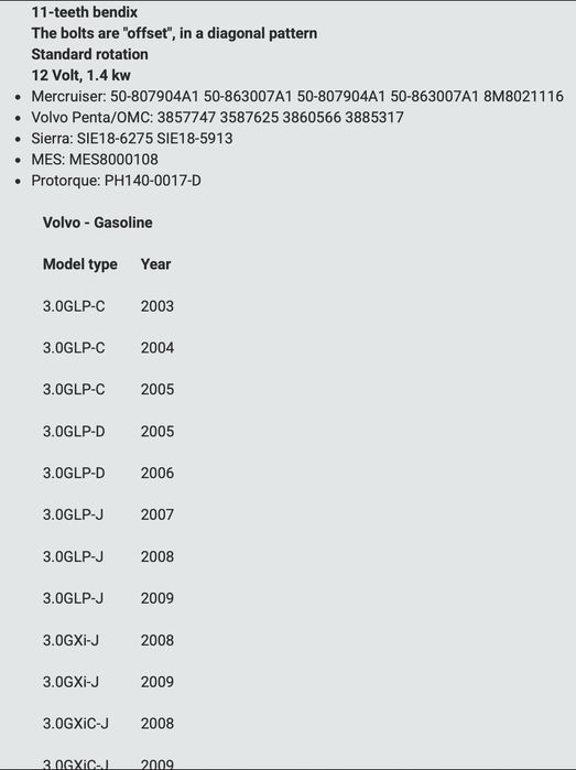Motor Arranque Barco Mercruiser/OMC/Volvo Penta Starter