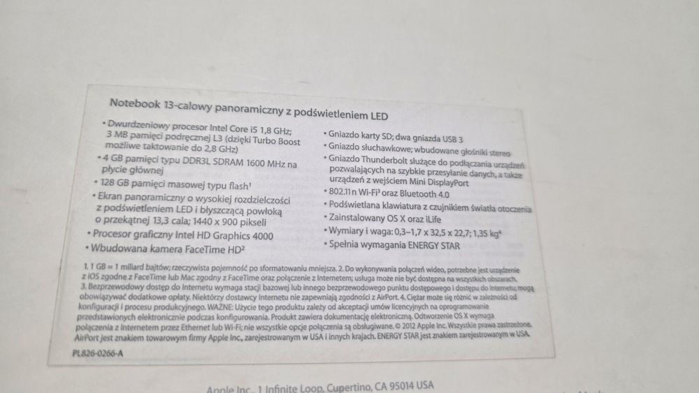 Super cienki laptop MacBook Apple A1466 13,3 cala
