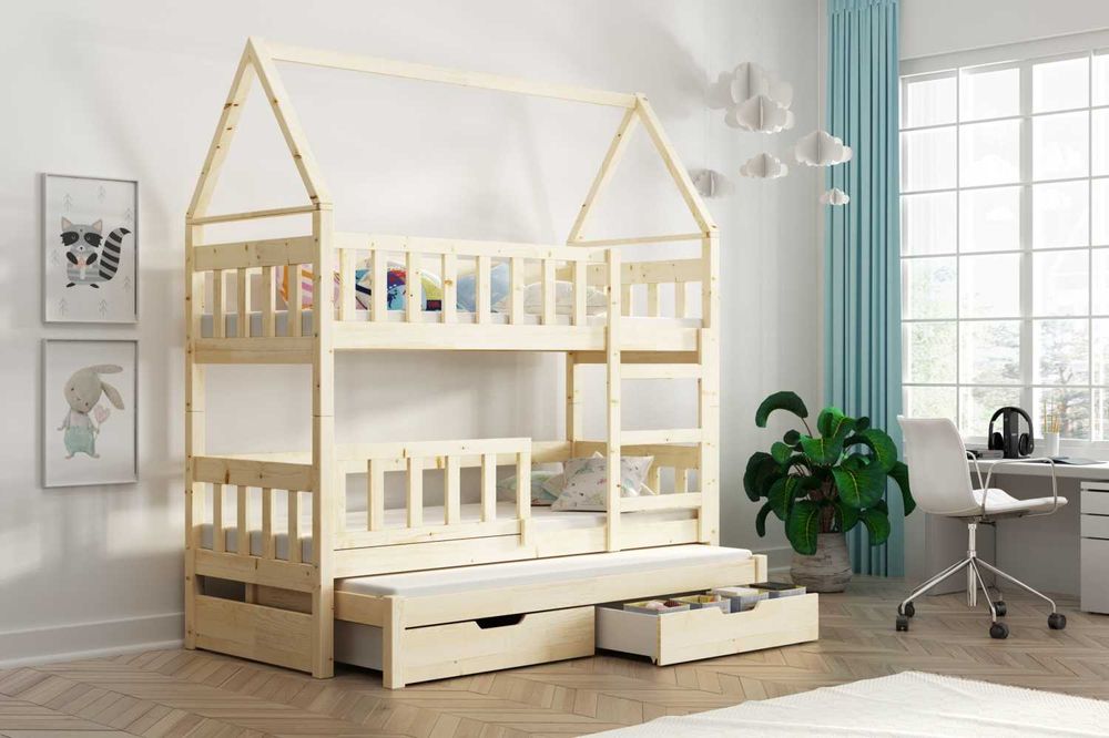 Łóżko domek 3 osobowe piętrowe OLA - materace w zestawie gratis