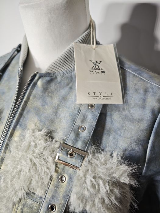 Nowa kurtka eko skóra z futerkiem włoska niebieska roz M-xl