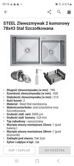 Zlew  stalowy inox 78cmx43cm plus syfon