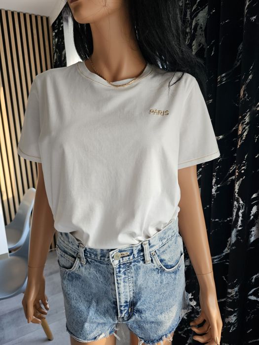 Ebelieve Stylowy Biały T-shirt z haftem Paris Nowy S/M