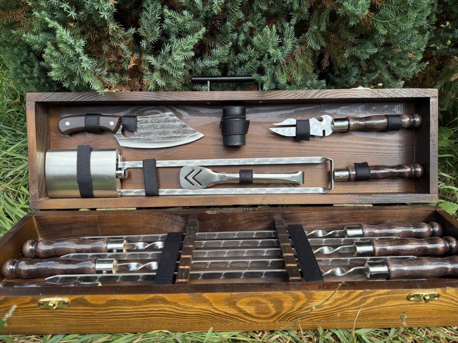 Шампура 3 мм для шашлыка в деревянном кейсе на подарок мужчине мужу