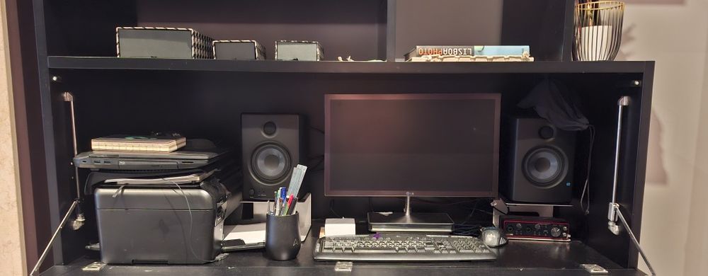 Móvel secretária/escrivaninha, tampo basculante e estante