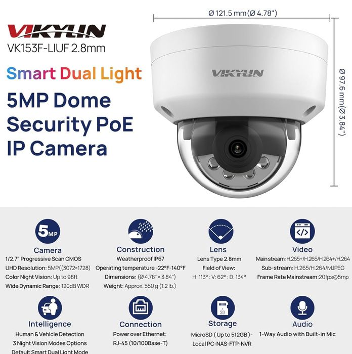 Kamera VIKYLIN 5MP VK153F PoE z inteligentnym wykrywaniem ludzi/pojazd