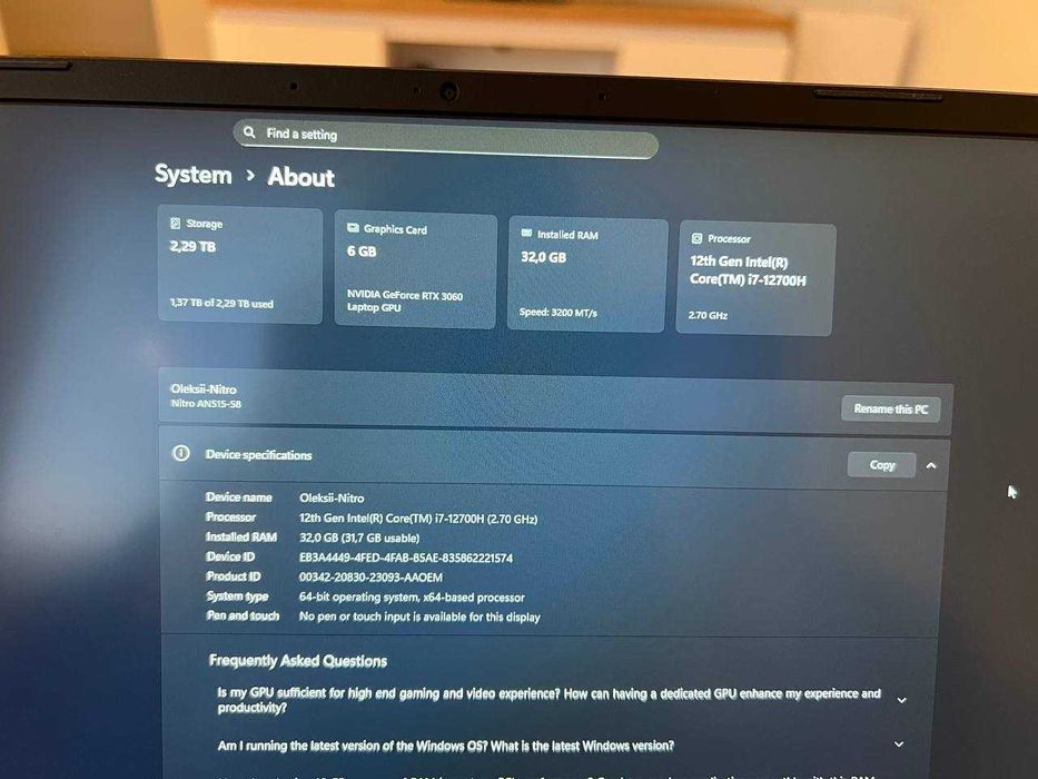 Acer Nitro 15 AN515-58 – i7-12700H / RTX 3060 / 32 GB RAM / 512 GB SSD