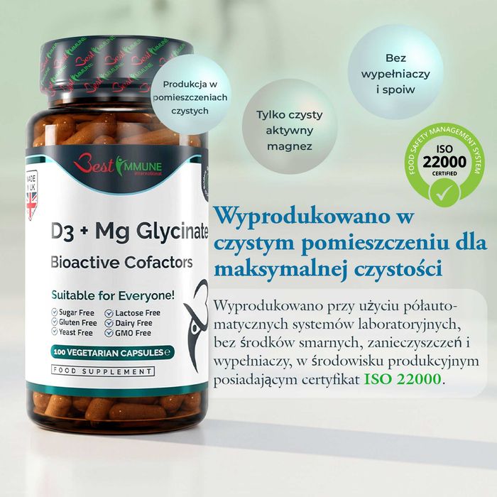 Glicynian Magnezu 400mg Witamina D3 1000IU Naturalny Biodostępny