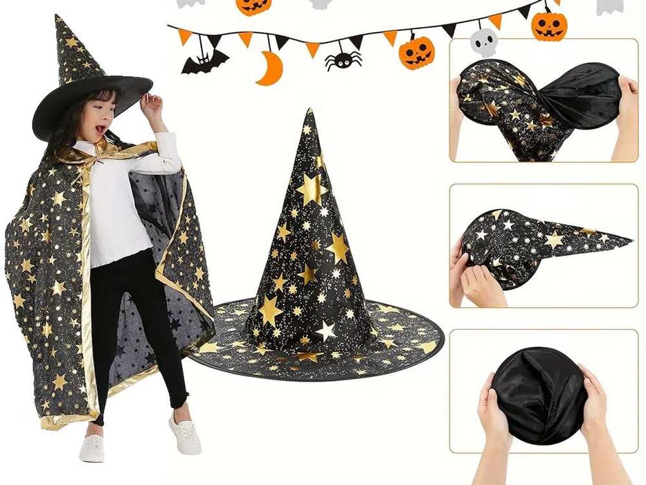 Strój Czarodzieja Peleryna Kapelusz Halloween Karnawał Uniwersalny