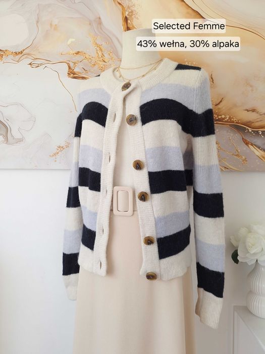 Sweter Kardigan W Paski Błękitny Granatowy Kremowy Selected Femme S