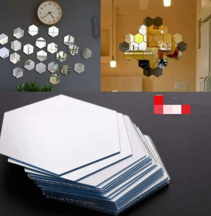90szt naklejka lustro hexagon srebrne lusterko