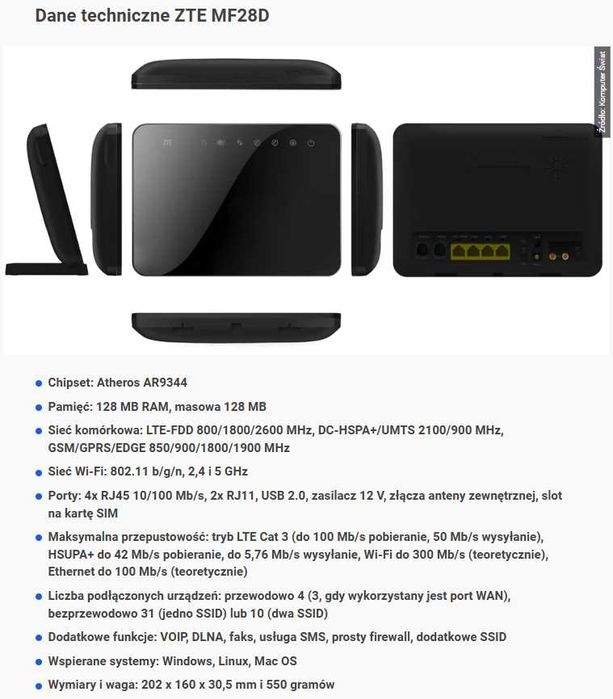 Router GSM 4G/UMTS ZTE MF28D LTE800/1800/2600MHz HSPA(+)/UMTS 900/2100