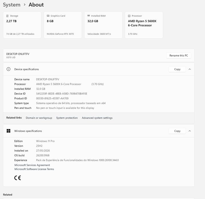 PC Gaming Ryzen 5 5600X RTX 3070 32gb RAM 2,5tb ssd+hdd