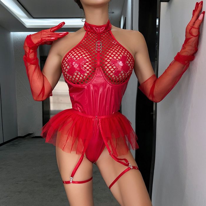 Seksowne body BDSM imitacja skóry rozpinany krok Walentynki czerwony