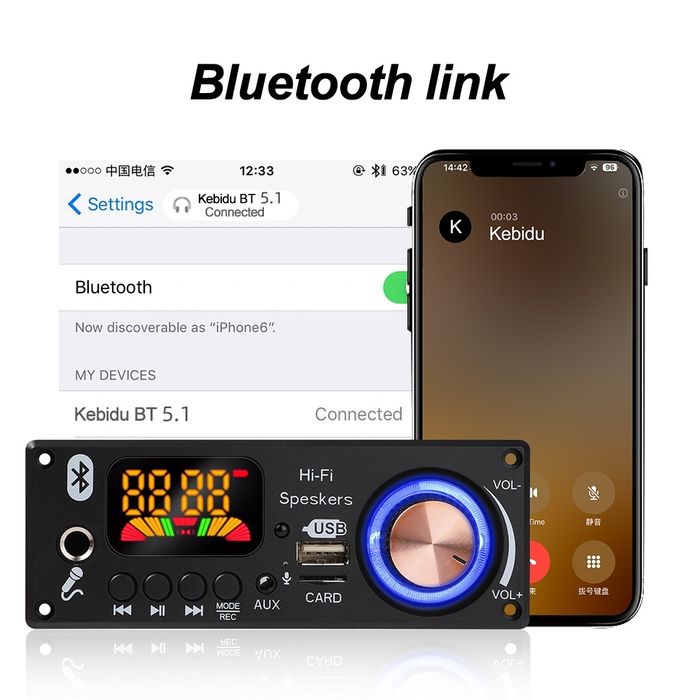 Декодер мр3, Bluetooth 5.1 FM радио, usb, плеер аудио, 12 V, микрофон