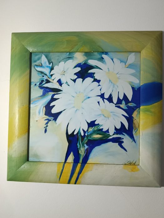 Quadro Floral "Margaridas Brancas" - Moldura Artesanal Exclusiva (Tons