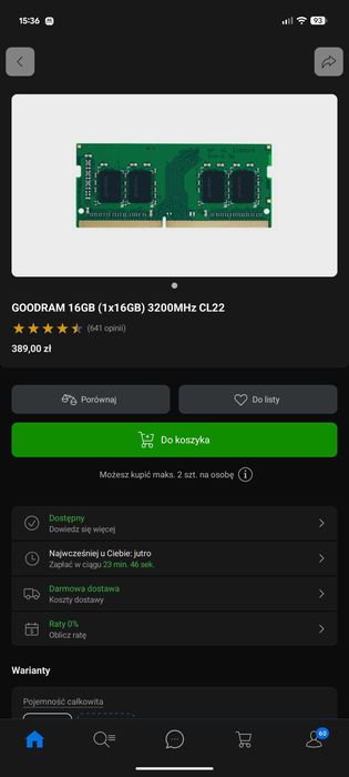 DDR4 GOODRAM 16GB (1x16GB) 3200MHz CL22  dożywotnia gwarancja x kom