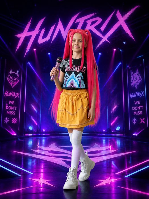 Костюм Міри Huntrix 3в1: перука 85 см, футболка, спідниця.  Яскравий k-pop/cosplay зображення.