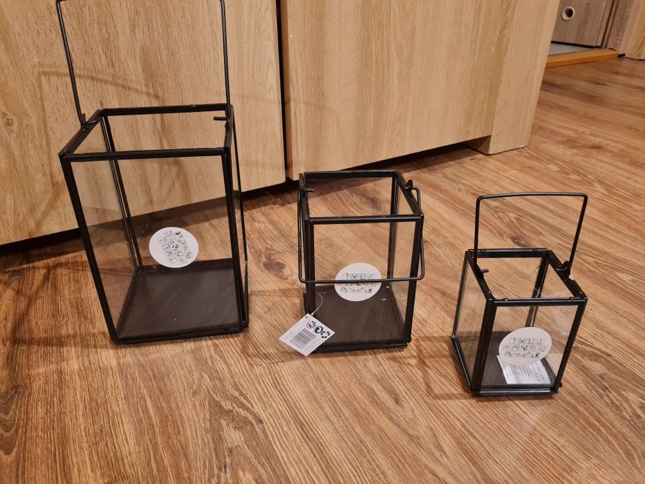Śliczny zestaw komplet 3 lampiony taras ogród dom szklo +metal loft