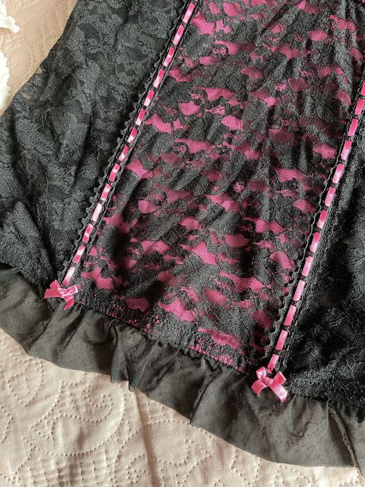 Top bieliźniany halka czarny różowy koronka kokardki coquette h&m