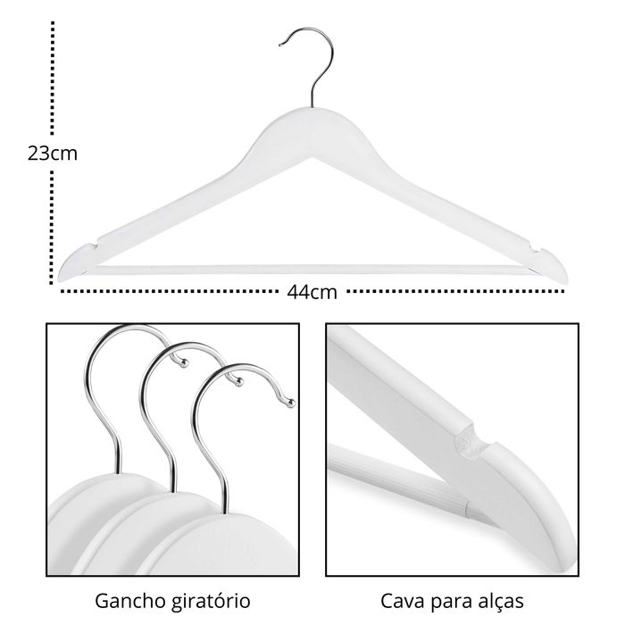 Cabide de madeira Branco com silicone antideslizante - 44cm - pack 5 und