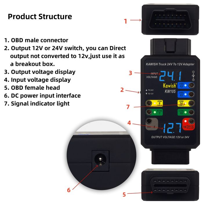 Перехідник 24-12V, OBD 2 роз'єма  Break Out Box, Kawish, для авто