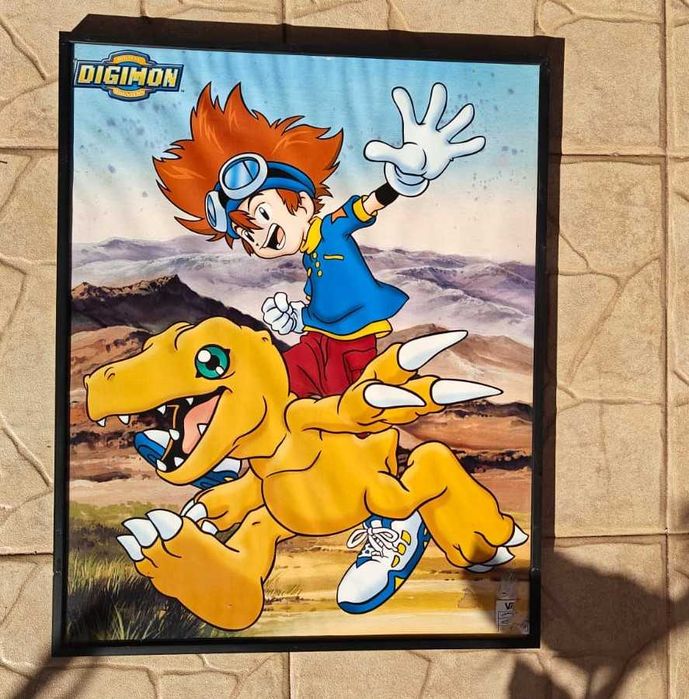 Quadro decorativo com os personagens Tai e Agumon do anime Digimon