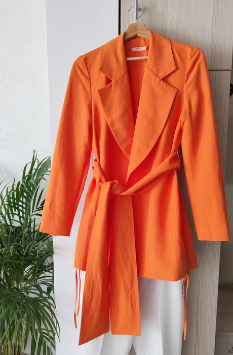 Pomarańczowa Marynarka z paskiem, wiskoza i len Naree S 36 wiosna lato