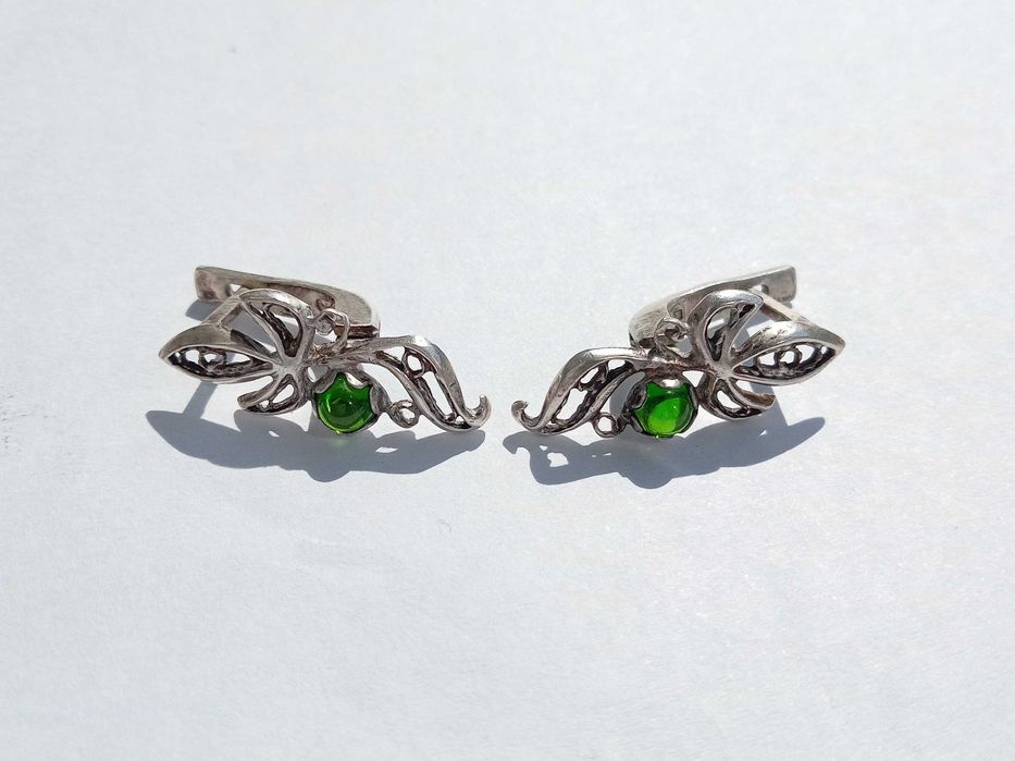 Вінтажні срібні сережки. Зелений бурштин Срібло 875 проба. Зірка. СССР