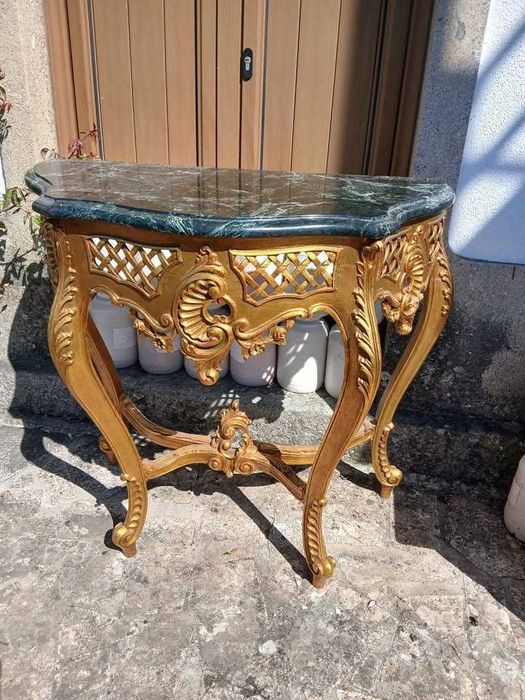 Consola / credência antiga dourada com tampo em mármore