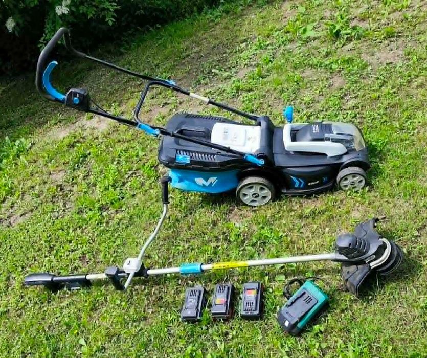 Kosiarak MacAllister MLM3635-Li-3, Podkaszarka MBC 36-Li-E, 3x akumulator 36v i ładowarka. Adapter na 2x akumulator Parkside