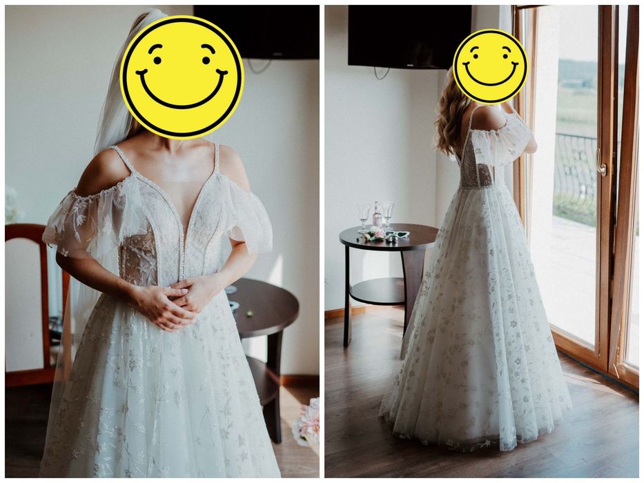 Suknia ślubna z rękawkami - brokat, perełki, kwiatki - księżniczka