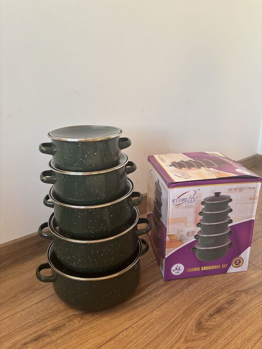 Zestaw 10el Garnki emaliowane+pokrywki garnki kuchenne na gaz indukcję