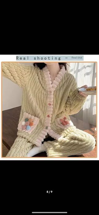 Nowa piżama damska pluszowa prążkowana w kwiaty ciepła komplet 36