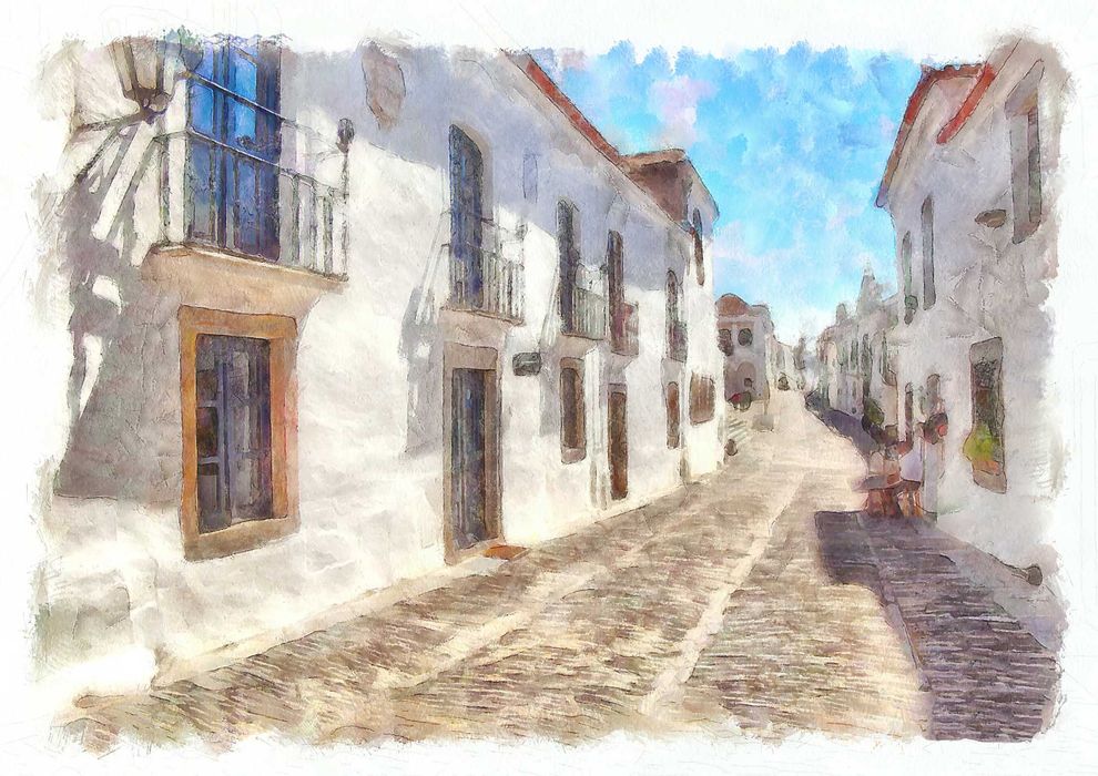 Gravura a Aquarela "Uma Rua de Monsaraz de Reguengos". 29,7 x 42 cms