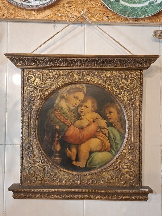 Quadro antigo arte sacra representa Maria e o menino