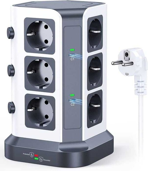 Koosla Listwa Zasilająca Wieża Biała 12 Gniazd 6 x USB 2M 4000W / 16A