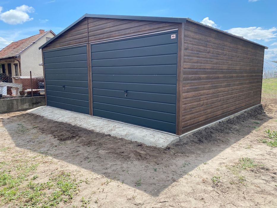 Garaż blaszany 6x5.8, drewnopodobny, orzech, antracyt. PRODUCENT.