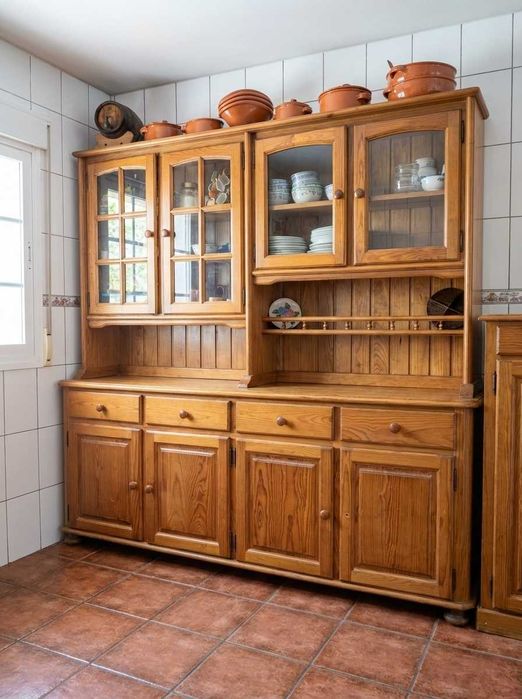 Armário Cozinha Vintage Madeira Clara Portas Vidro - Excelente Estado