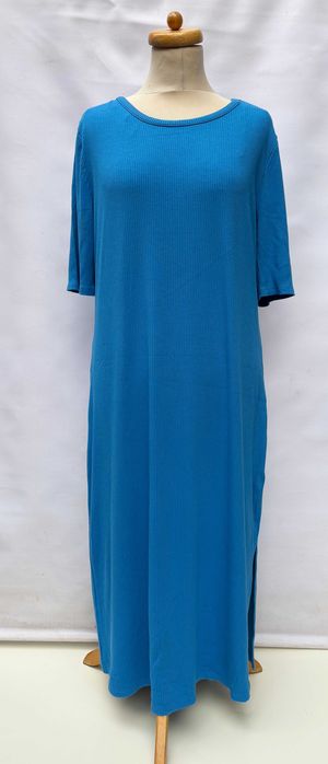 Sukienka Niebieska Cubus XL 42 Prosta Prążkowana Długa Krótki Rękaw