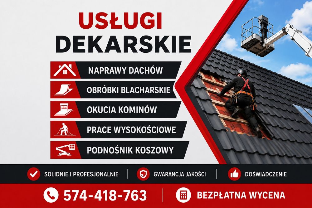 Dekarz | DACHY | Usługi Dekarskie | Obróbki Blacharskie | Opierzenia Okucia Kominów | Malowanie Dachów | Czyszczenie Rynien |  Prace Wysokościowe
