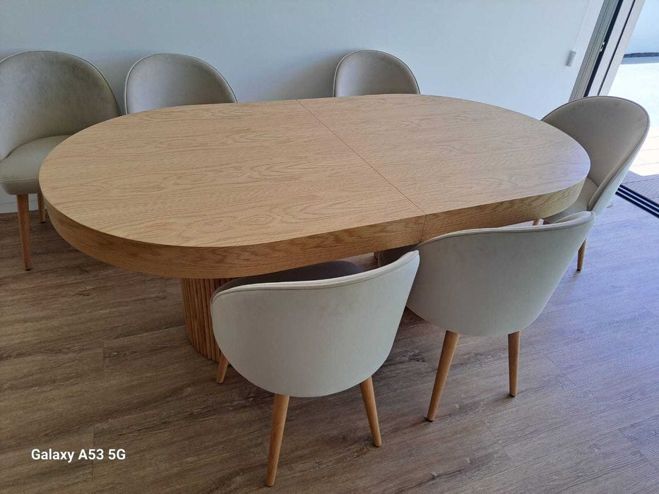 Mesa Jantar Extensível Oval Carvalho Natural e Ripado
