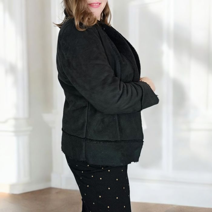 Czarny kożuch kożuszek shearling kurtka ramoneska plus size 44