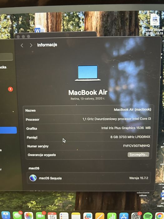 MacBook Air 13” 2020 Retina | Intel i3 | 8 GB RAM | Bardzo dobry stan