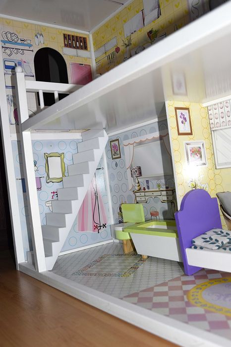 Drewniany domek dla dziewczynki, 3 piętra, kolor biały, dach, schody x 2, meble