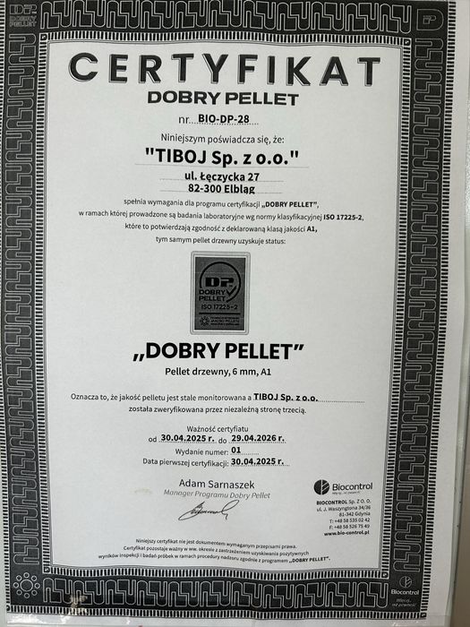 Pellet certyfikowany A1 TIBOJ