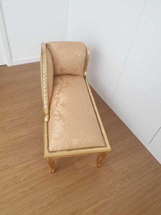Banqueta Luís XV Francesa Folha de Ouro Tecido Adamascado Dourado