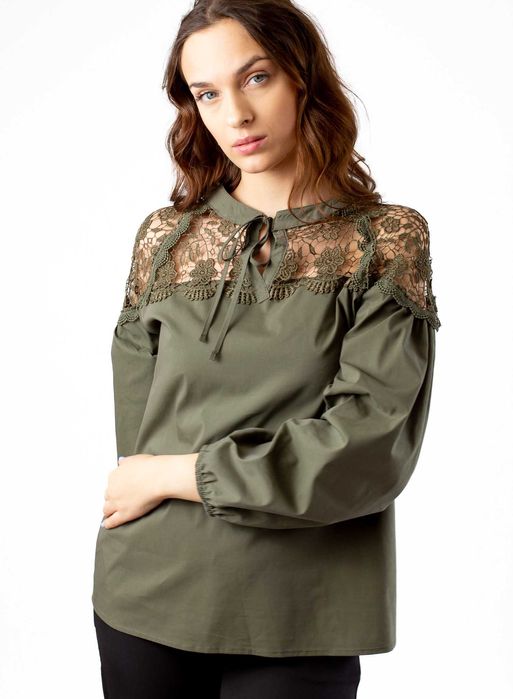 PROMOCJA Elegancka koszula bluzka gipura koronka khaki 40 42