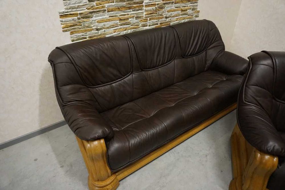 Zestaw na Stelażu Dębowym Skóra Brązowa Naturalna 3+2+1 (w-1118)