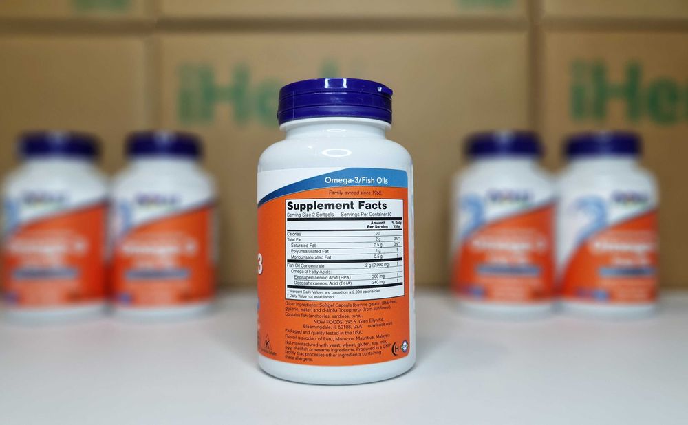 Омега 3 (рыбий жир) Now Foods, 1000 мг, 100, 200 и 500 капсул