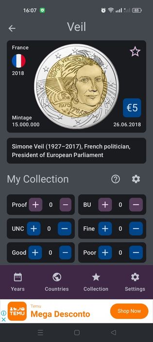 Moeda comemorativa de 2 euros Simone veil